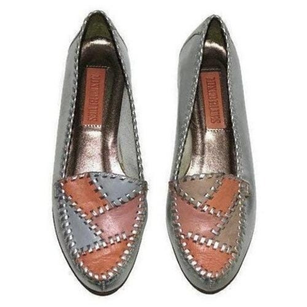 Mixed Blues Patchwork Loafers Women 6M Metallic Silver Whipstitch Flat Slip‎ On